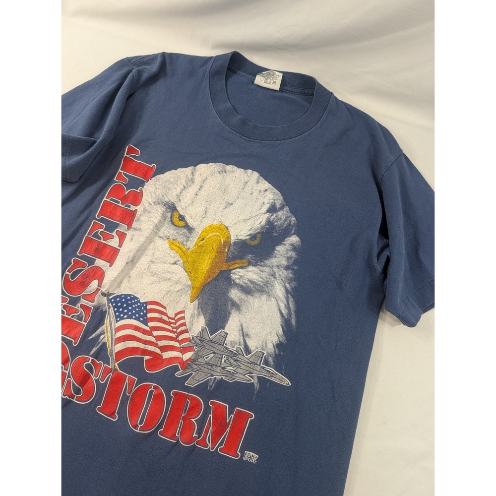 True Vintage 20/20 Sport 90s Desert Storm T-shirt Blue Iraq War Mens M/L